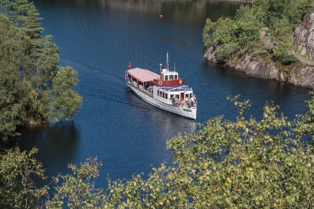 Steamship Sir Walter Scott viewed from the new scenic tower at Loch Katrine.