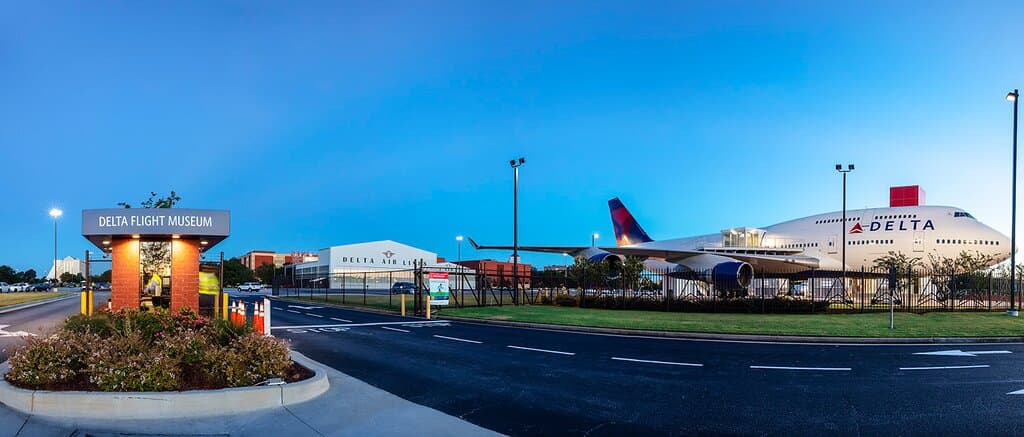 View of the Security gate from the street. Look for the Boeing 747 plane!