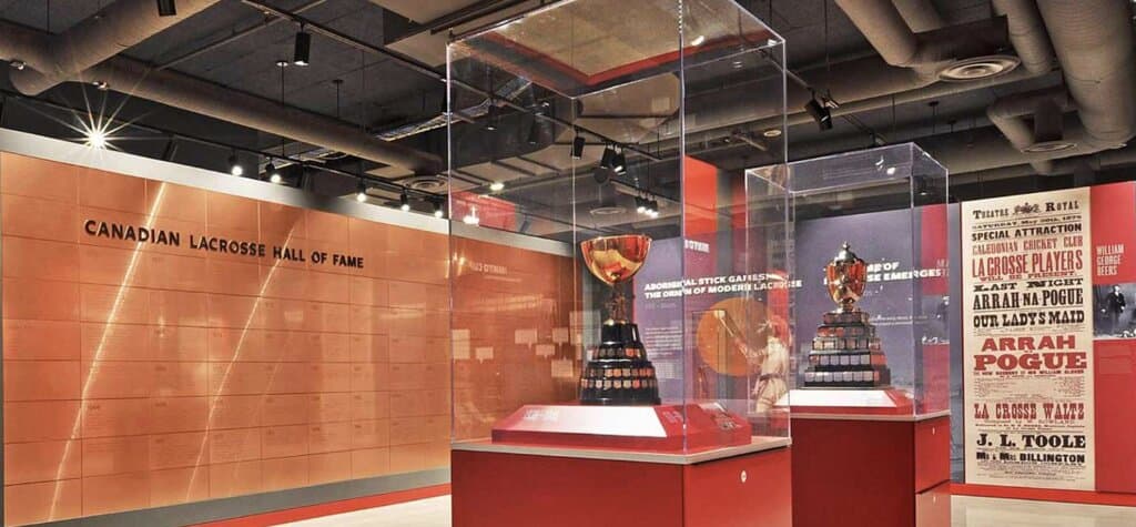 The Mann, Minto, Dorothy Roebertson Trophies are central point of the exhibits covering the game of lacrosse throughout the ages